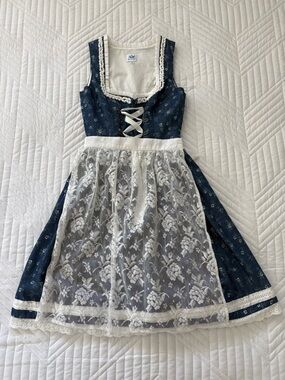 Navy Blue Dirndl with White Lace Apron and Blouse